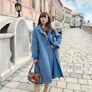 Mr. Water New York Double-Breasted Belted Long Wool Coat with Pockets
